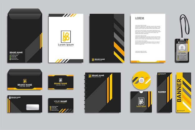 Free vector classic corporate identity template design with yellow and black shapeselegant professional business stationery items set