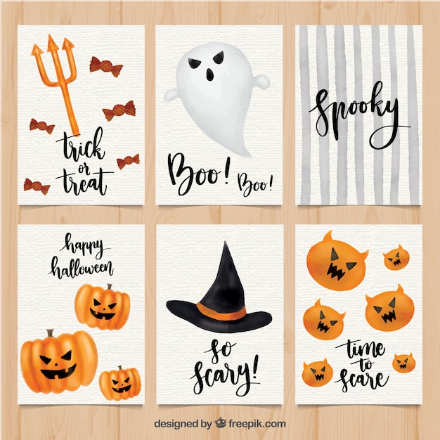 Free vector classic halloween cards with watercolor style