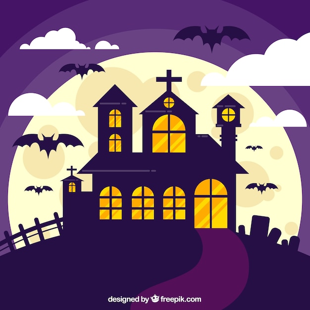 Classic haunted house with bats