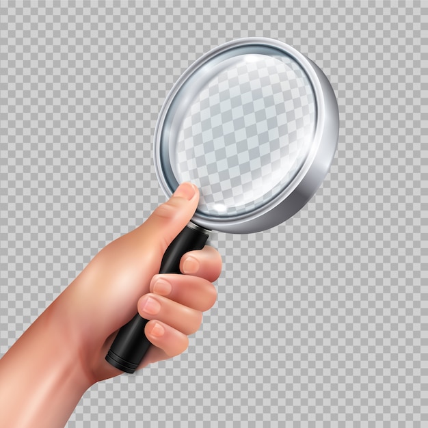 Free vector classic magnifying glass round metal frame in human hand against transparent  closeup image realistic