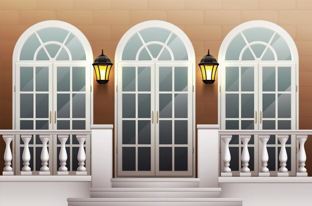 Classic palace facade with glass front door porch and terrace with balustrade realistic