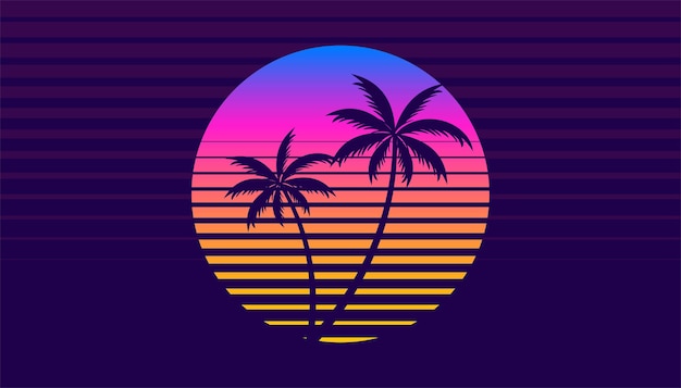 Free Vector classic retro 80s style tropical sunset with palm tree