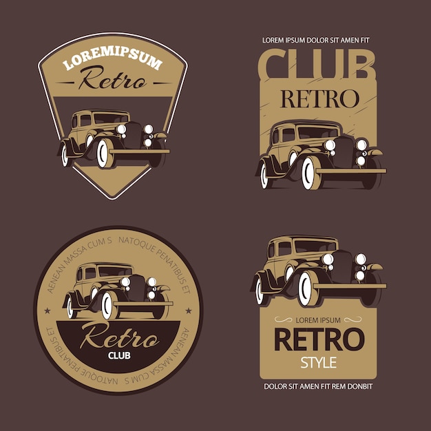 Classic retro cars. Vintage labels set. Vehicle old, collection emblem and badge illustration