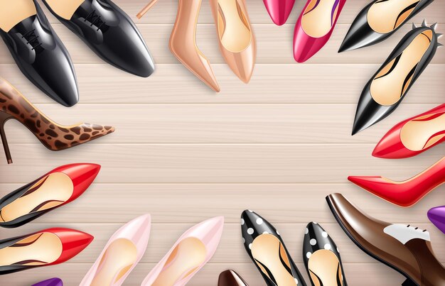 Classic women men shoes realistic light wood floor background with red high heels pink pumps illustration