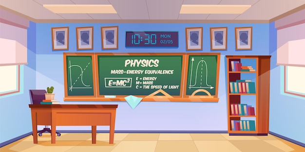 Classroom for physics learning with formula and graph on chalkboard