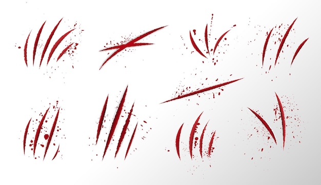 Free vector claw scratches texture with blood drops realistic set vector illustration