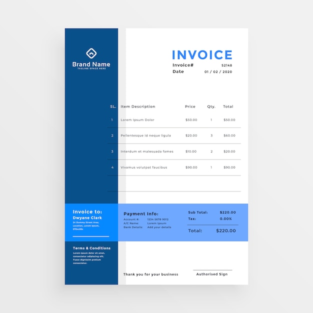 Free vector clean blue business invoice template design