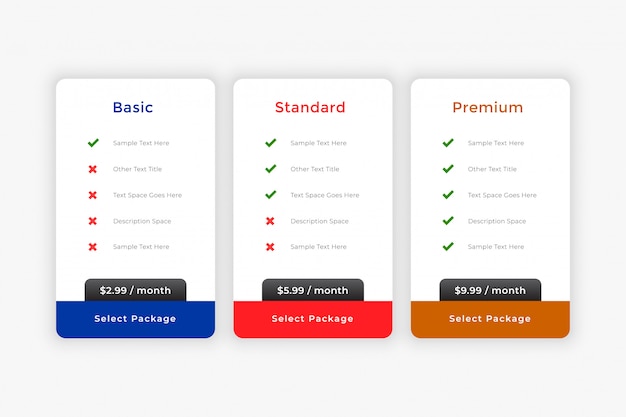 Free vector clean business pricing and plans table template