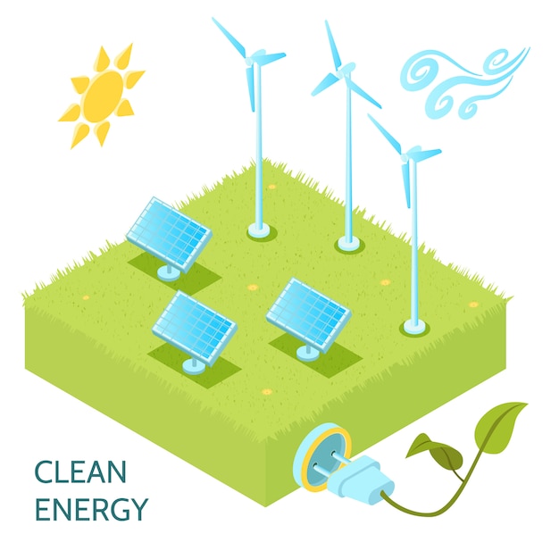 Clean energy isometric concept with solar and wind power symbols isometric 