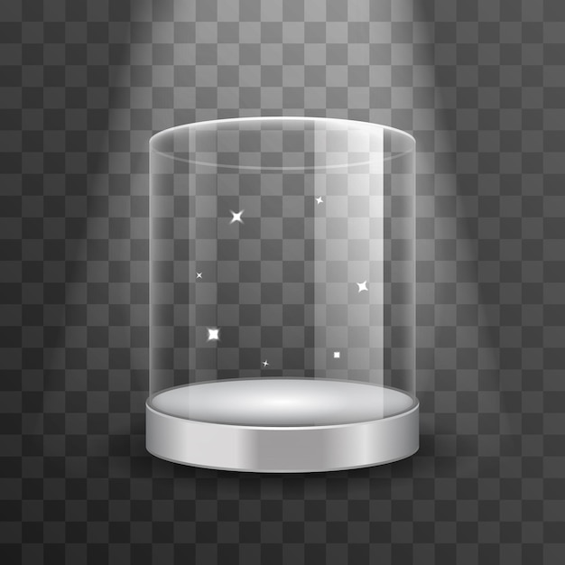 Free Vector clean glass showcase podium with spotlight and sparks . showcase for boutique, cylinder clear showcase for exhibition in gallery or museum