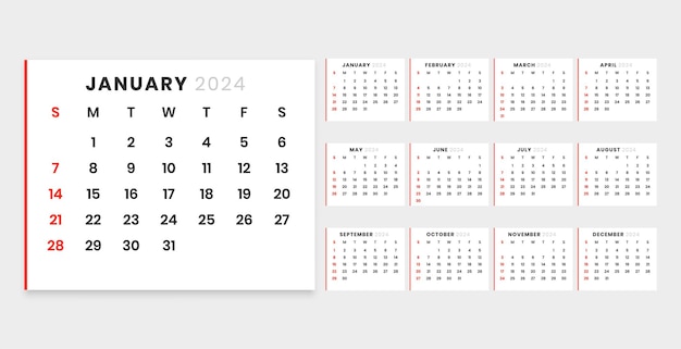 Free vector clean happy new year 2024 calendar background for organized work vector