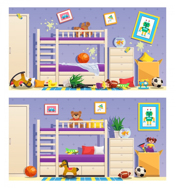 Free Vector clean and messy children room set of banners with furniture and interior objects isolated