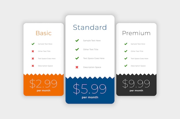 Clean plans and pricing web comparison boxes