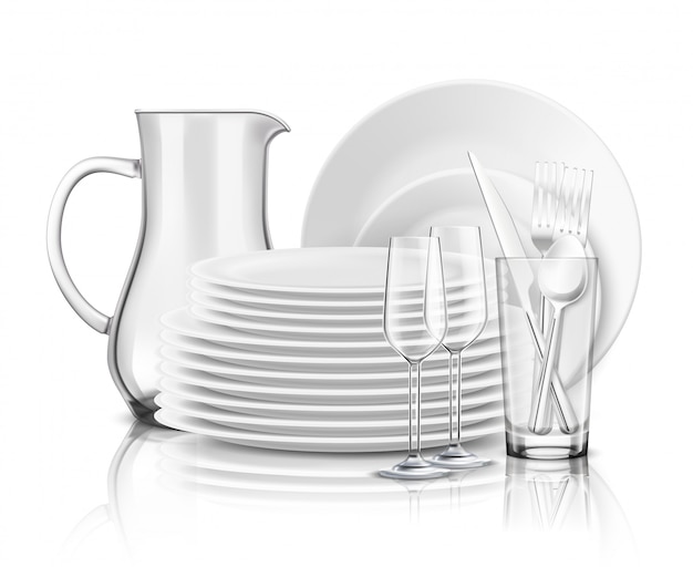 Free Vector clean tableware realistic design concept with stack of white plates glass jug and wine glasses illustration