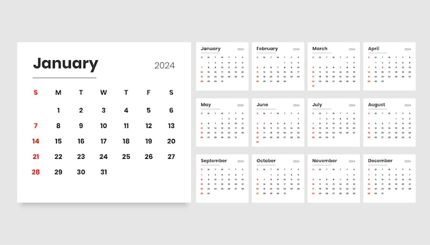 clean white 2024 full page calendar template for new year vector