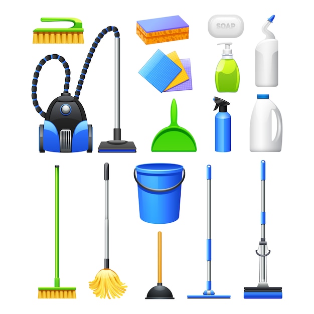 Cleaning equipment and accessories realistic icons collection with vacuum cleaner brushes 