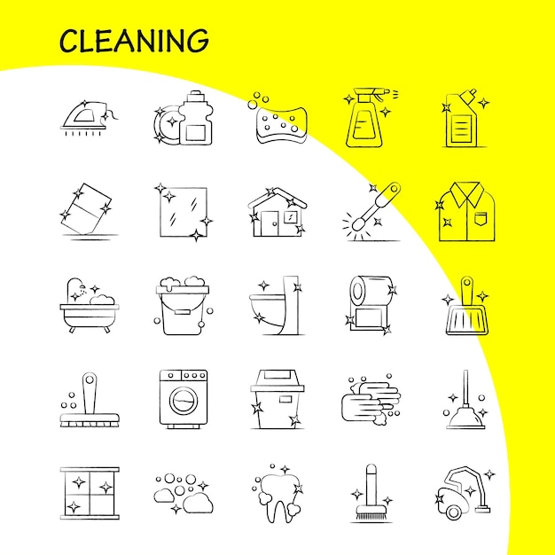 Cleaning Hand Drawn Icons Set For Infographics Mobile UXUI Kit And Print Design Include Brush Brushing Clean Scrub Plunger Restroom Toilet Tool Icon Set Vector