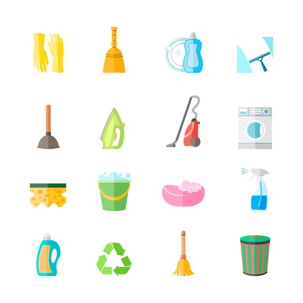 Cleaning housework equipment icons set of gloves spray iron brush isolated vector illustration