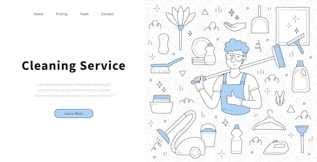 Free Vector cleaning service banner with man in uniform vacuum cleaner spray and brush vector landing page with hand drawn illustration of professional janitor or household worker with broom