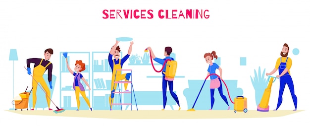 Free Vector cleaning service professional duties offer flat horizontal composition with floor washing polishing vacuuming shelves dusting  illustration