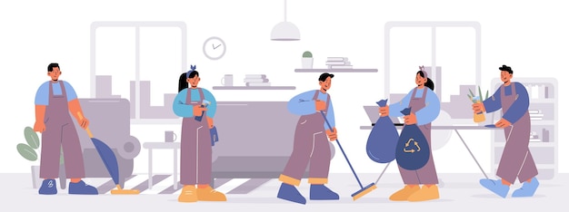 Free vector cleaning service staff work in living room