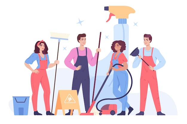 Free Vector cleaning team with brooms and vacuum cleaner. man and woman in uniform with professional equipment ready to work together flat vector illustration. cleaning service, teamwork, occupation concept