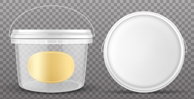 Clear plastic bucket with yellow label and white lid