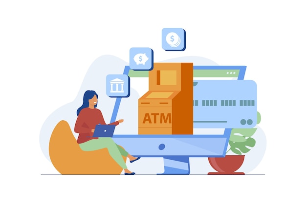 Client using online bank service. Woman using computer for payments and transaction flat vector illustration. Internet, finance, technology