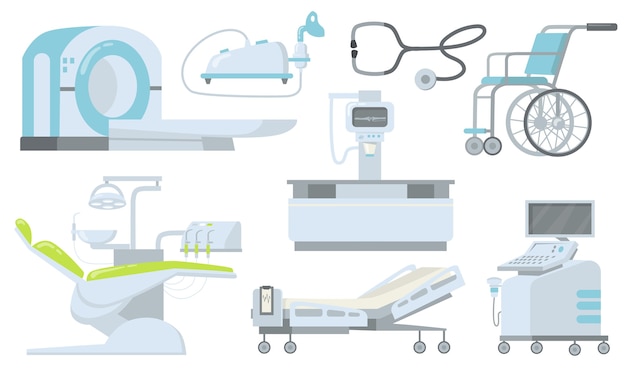 Free vector clinic and hospital medical devices flat item set.