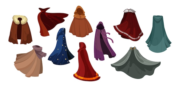 Free Vector cloaks of magic characters set. vector illustrations of clothes flying on wind. cartoon dracula cloak, superhero cape with hood and mantle of king isolated on white. fantasy, accessory concept