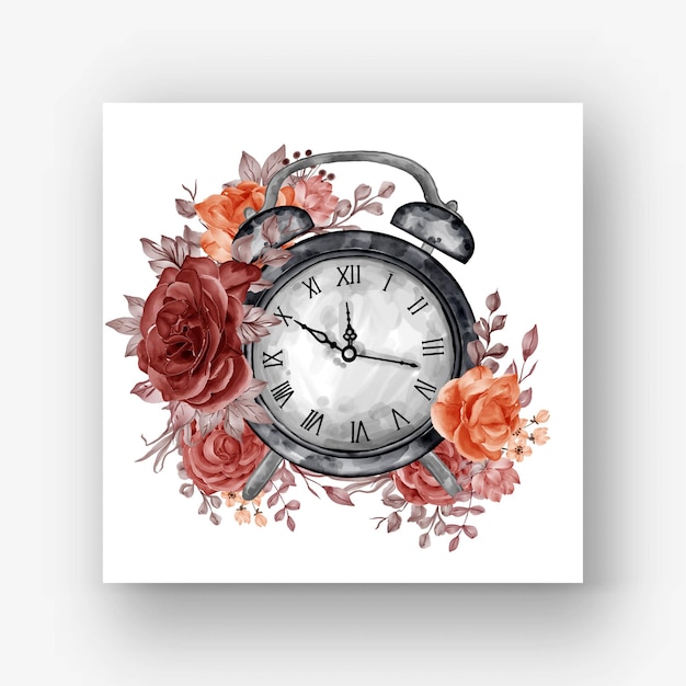 Free vector clock alarm rose flower autumn fall watercolor illustration