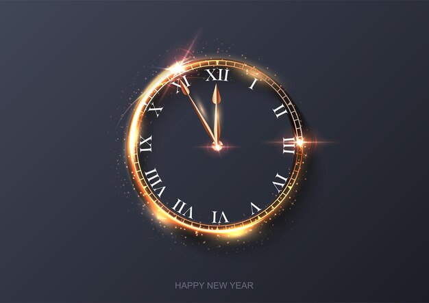 Clock countdown illustration Gold light shining with sparkles abstract celebration at midnight