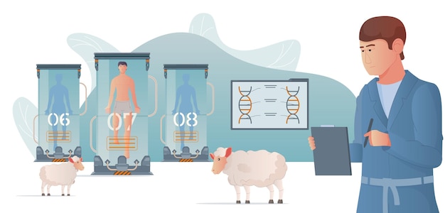 Free Vector cloning genetics flat composition of doodle scientist sheep and chambers containing numbered floating cloned human bodies vector illustration