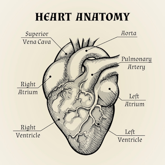 Free Vector close up black and white heart anatomy with labels graphic design.