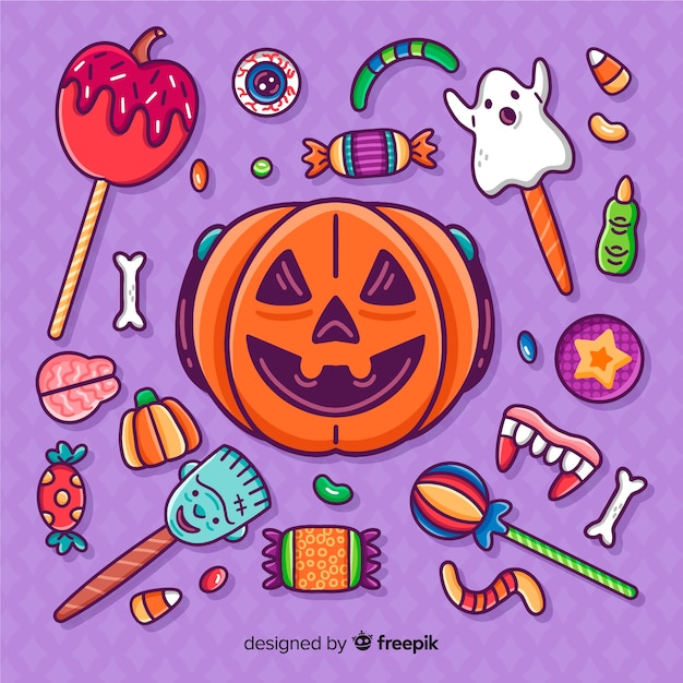 Close-up hand drawn halloween candy stickers collection