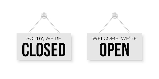 Closed and open white signboards hanged on suction cup