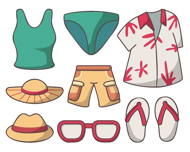 Clothes and accessories summer Fashion icon set for woman and man in swiming sombrero and short drawing cartoon style vector illustration