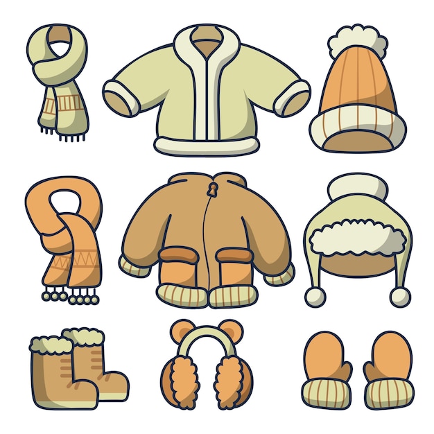 Clothes and accessories winter Fashion icon set with knitted warm sweater hats gloves scarves boots in drawing cartoon style vector illustration