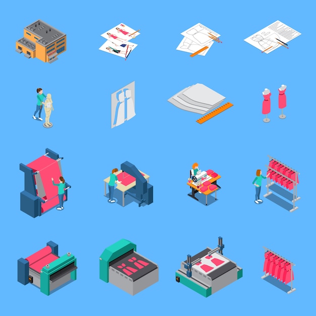 Clothes factory isometric icons set with  production symbols isolated illustration