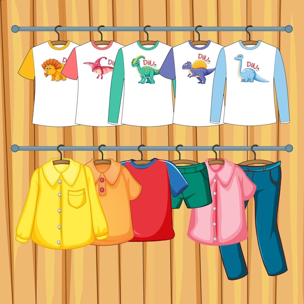 Free Vector clothes hanging on clothes rack on wooden wall background