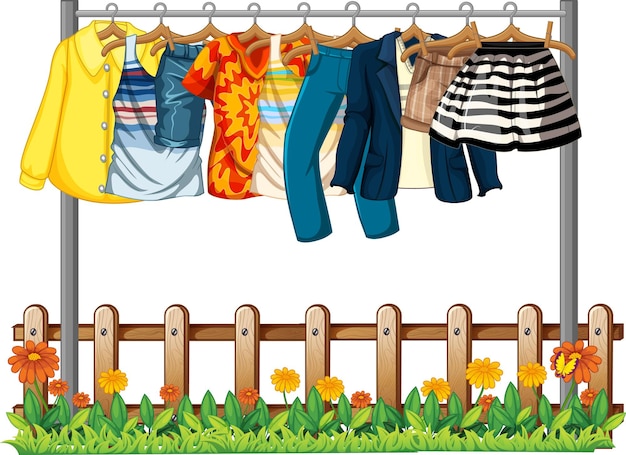 Free Vector clothes hanging on a clothesline with fence and flower elements on white background