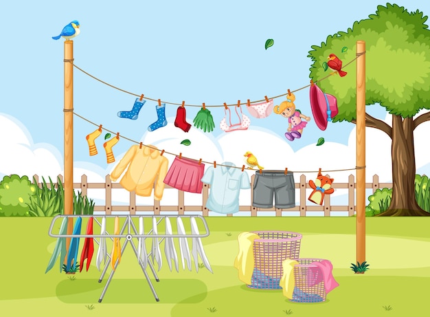 Free Vector clothes hanging on line in the yard