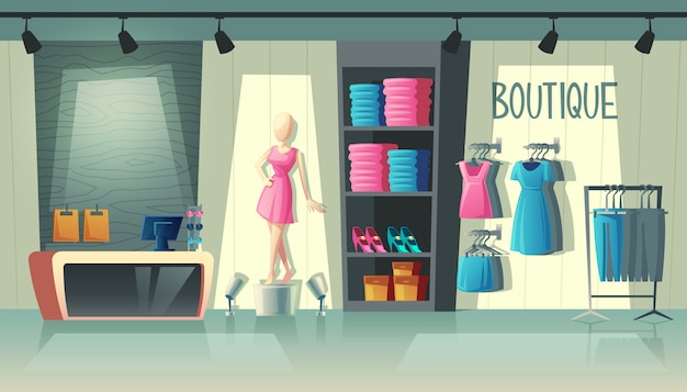 clothing shop interior - wardrobe with woman clothes, cartoon mannequin and stuff on hangers