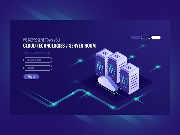 Cloud data center, server room icon, information request processing