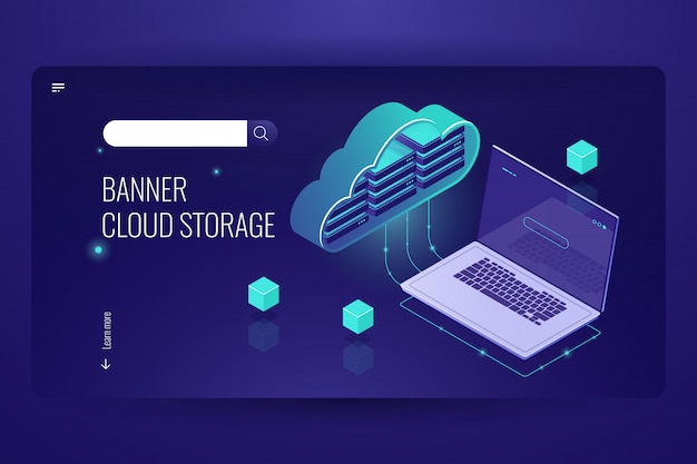 Cloud database computing, isometric icon of data transfer from cloud stock, laptop