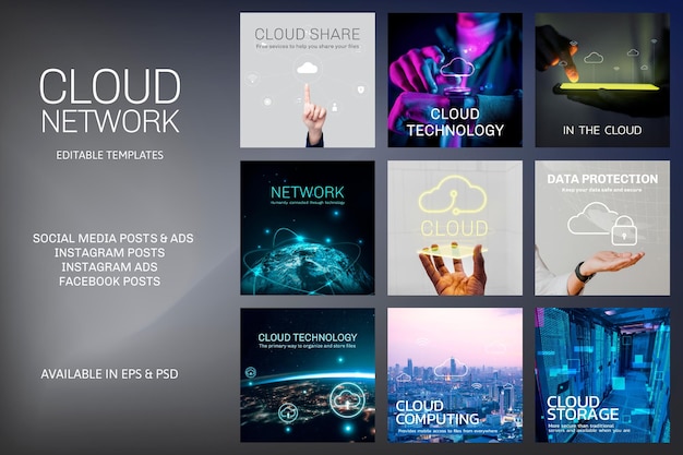 Free vector cloud network editable template vector for social media post set