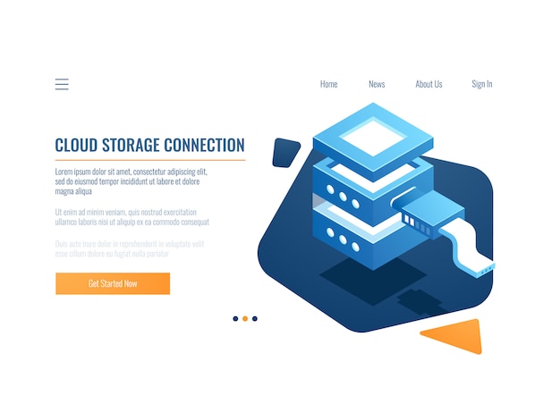 Cloud service icon, banner remote data storage and backup system, server room