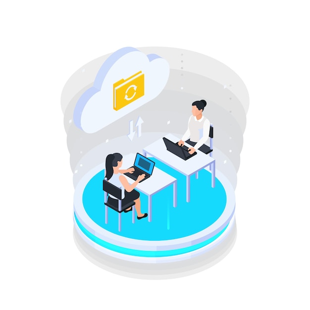 Cloud services isometric composition with characters of female workers with laptops and cloud folder sharing vector illustration