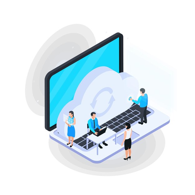 Cloud services isometric composition with image of laptop with small human characters and cloud icon vector illustration