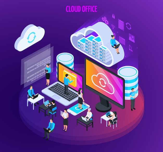 Cloud services isometric composition with small figures of people with computer screens